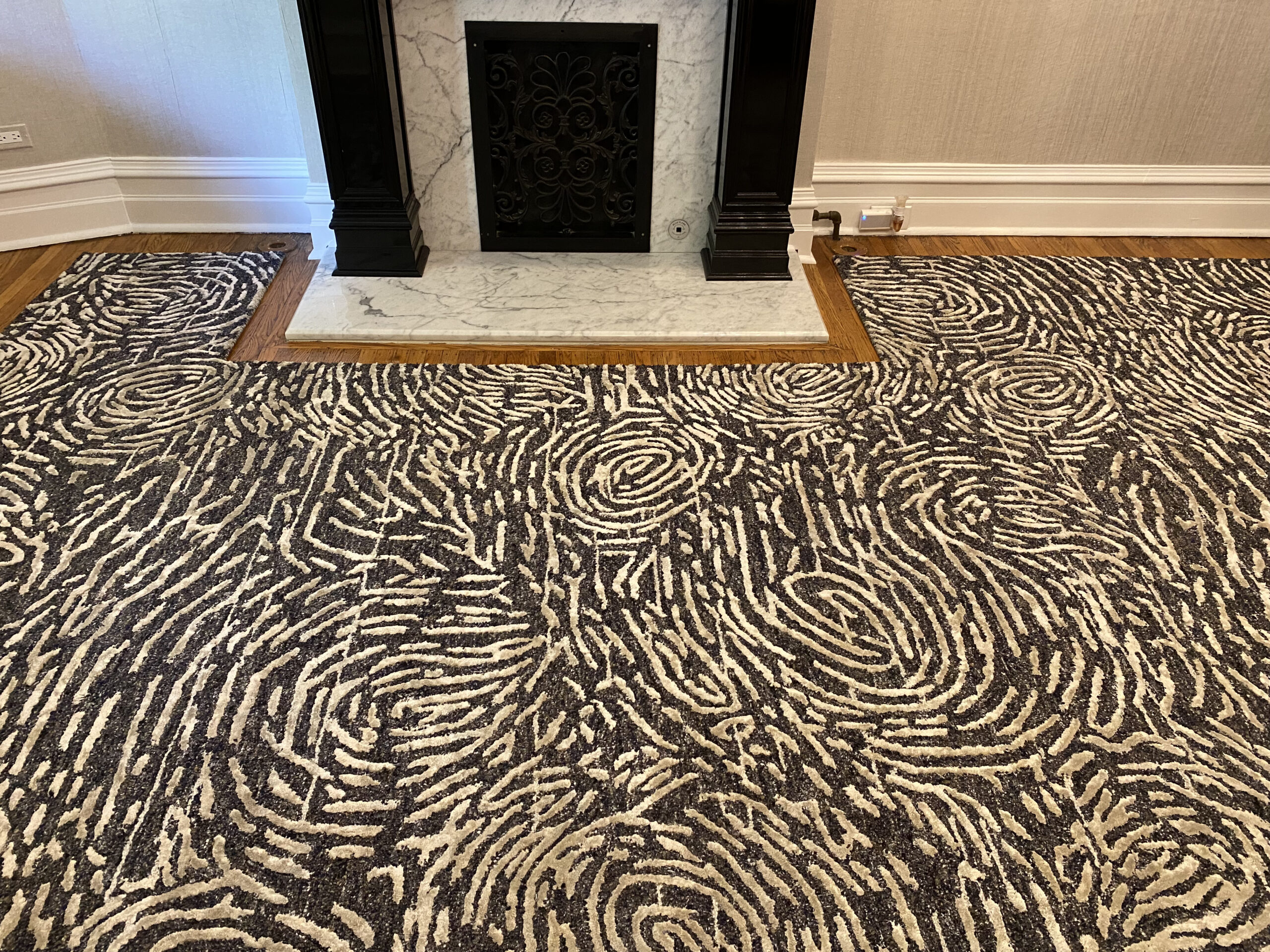 Textured rug in front of fireplace